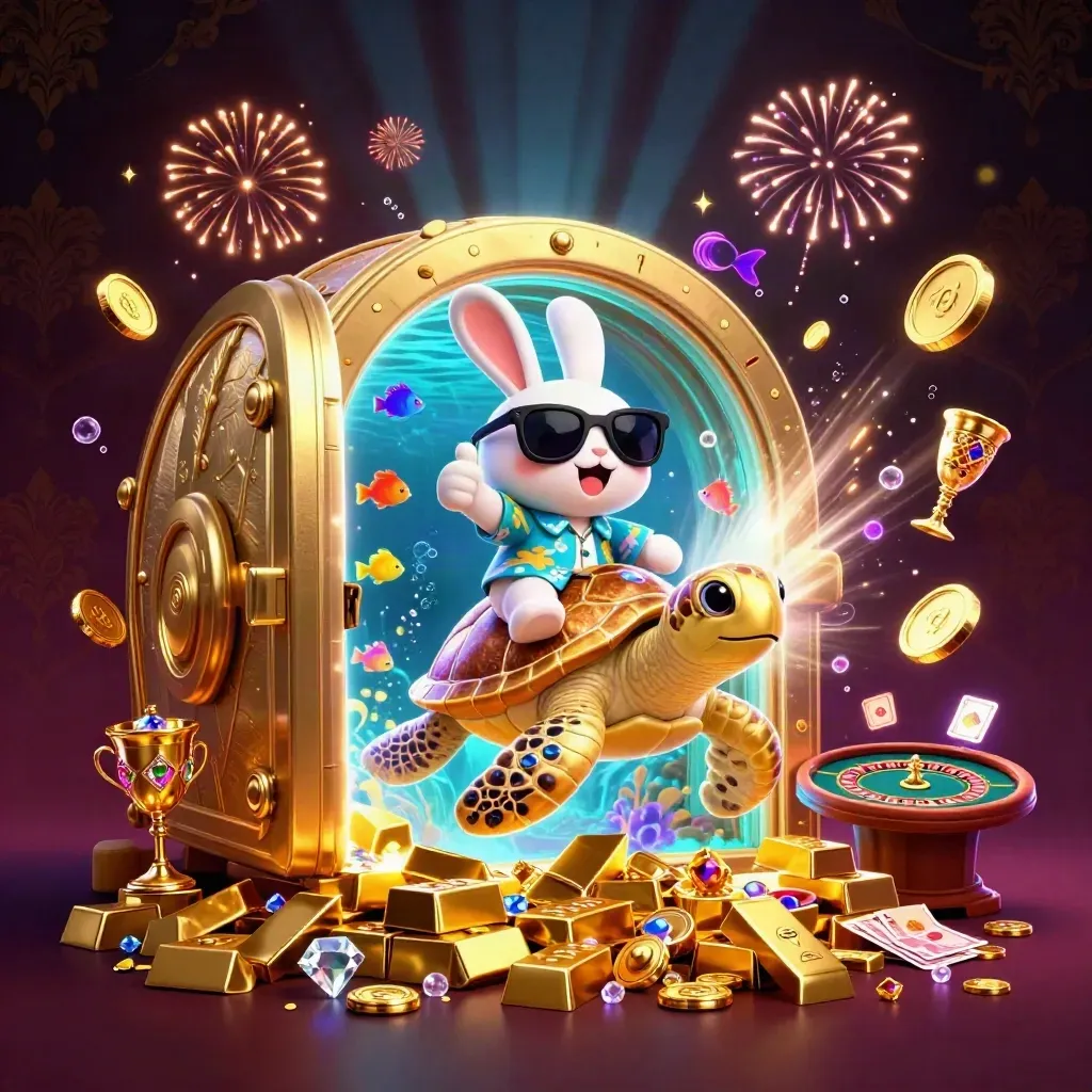 Lucky rabbit rides a jeweled sea turtle as coins, vault light, and casino props burst around.