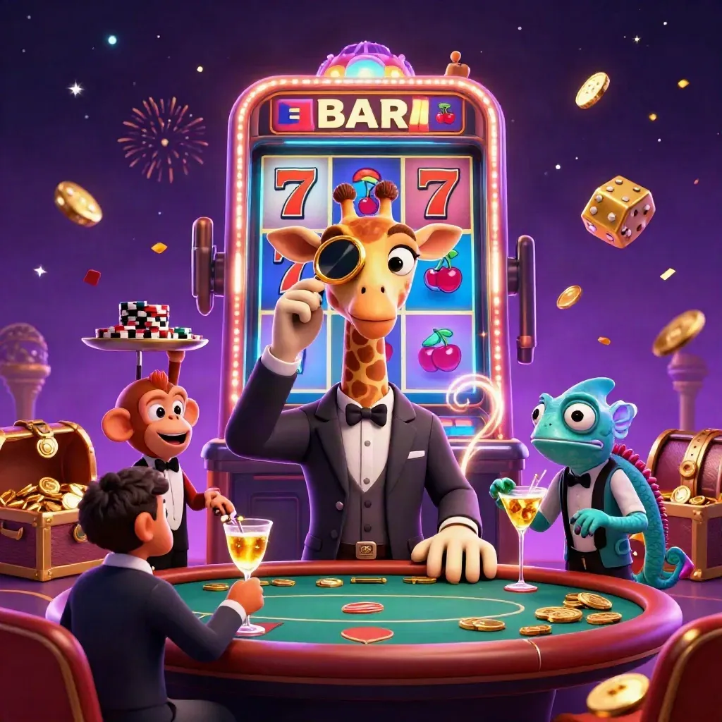 Giraffe high roller, monkey valet, and chameleon bartender around a bursting slot machine.
