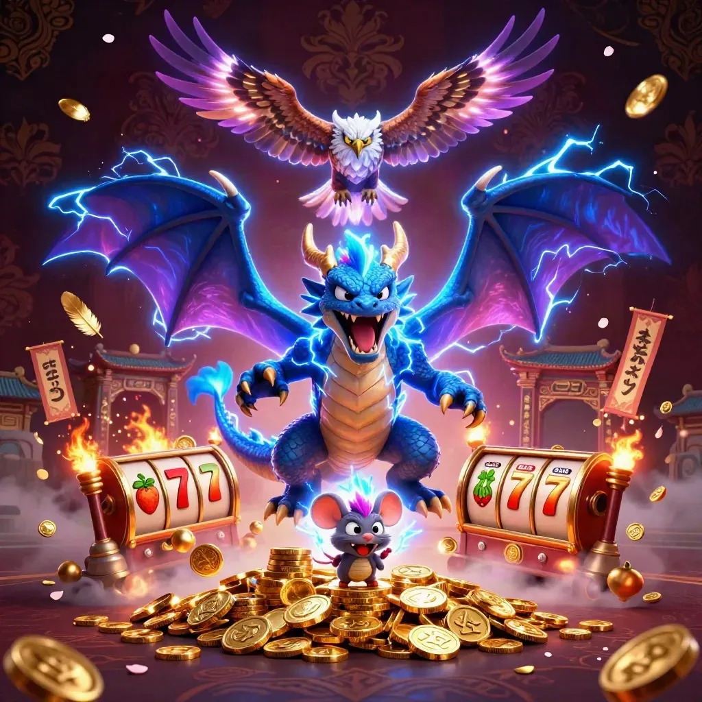 Thunder dragon, wind hawk, and static mouse amid casino symbols, temple gate, and glowing lightning