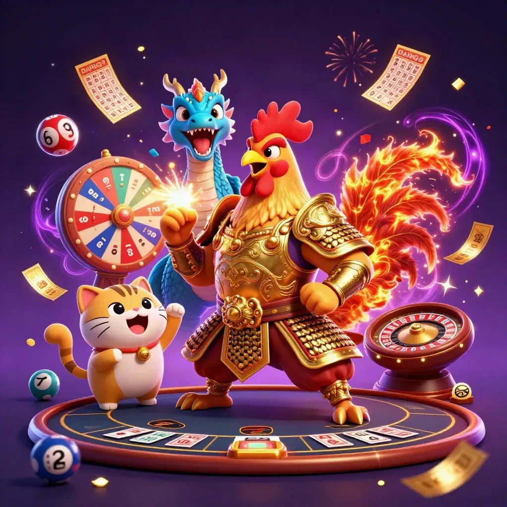 Rooster warrior, dragon hatchling, and fortune cat amid casino rewards and neon sparks.