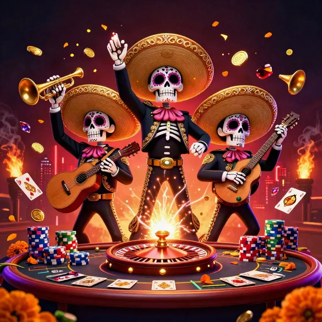Skeleton mariachi trio with coins, chips, roulette wheel, and neon casino glow