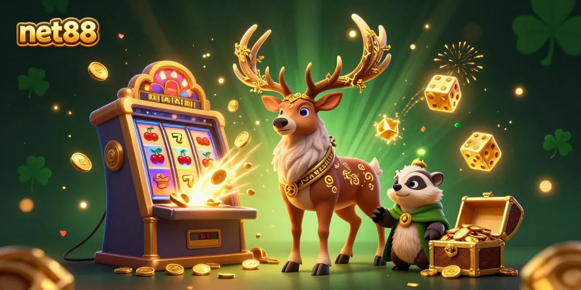 Engage with net88 via a vibrant 3D illustration showcasing a Celtic druid stag, casino elements, and jackpot excitement.