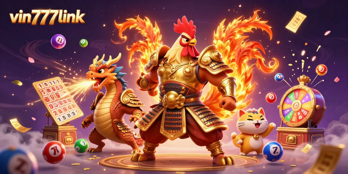 Experience the thrill of winning at vin777link with an epic 3D illustration of a rooster warrior and dragon in a casino.
