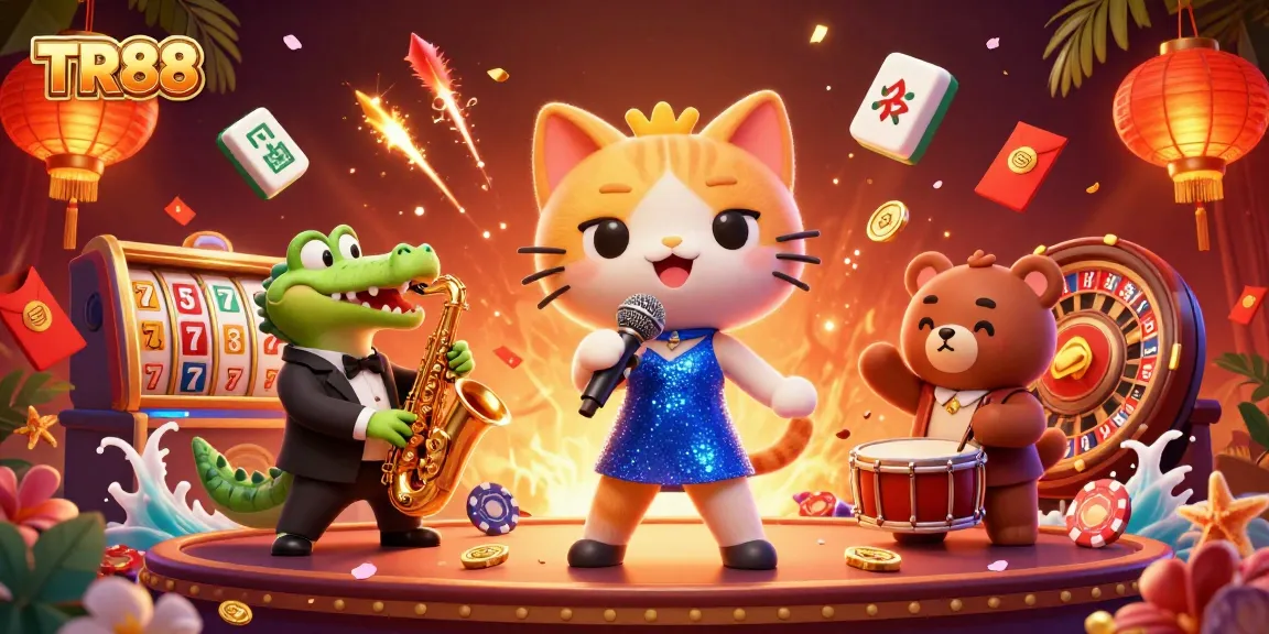 Engage with TR88's thrilling gaming experience featuring vibrant casino characters and dynamic elements.