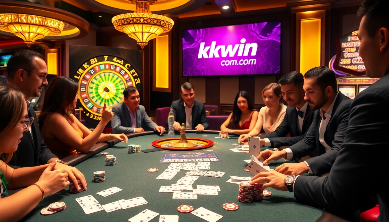 Players enjoying a thrilling poker game featuring kkwin.com, showcasing vibrant casino elements and excitement.
