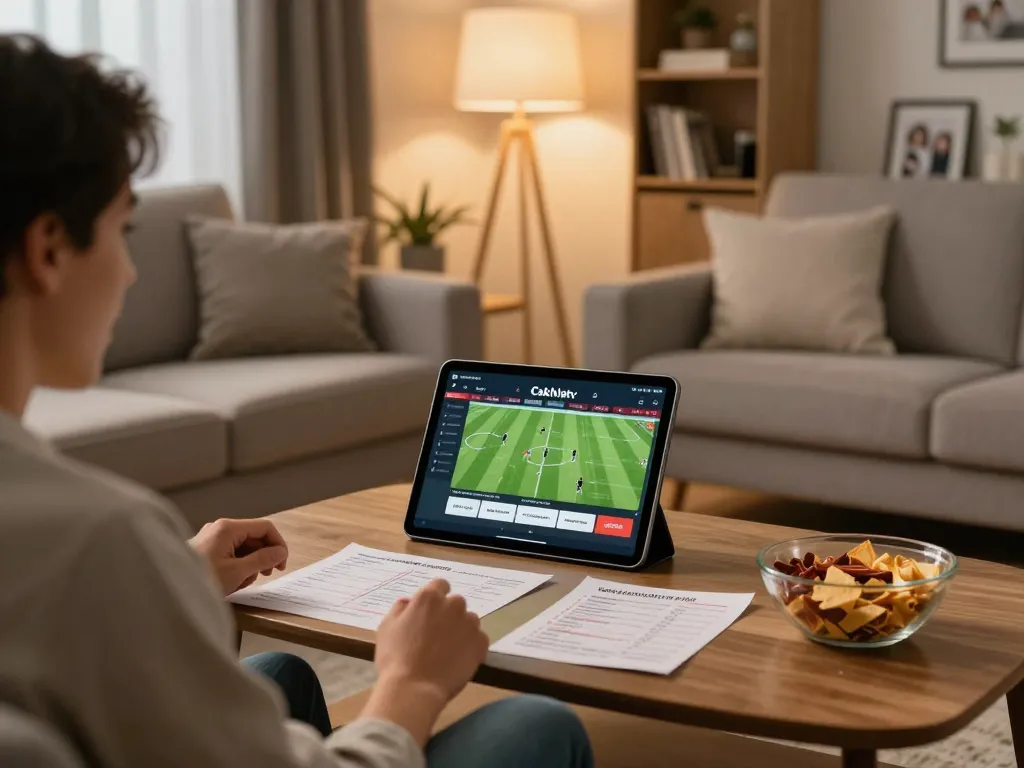 Cakhiatv user engaging with football live scores on tablet in a comfortable home setting.