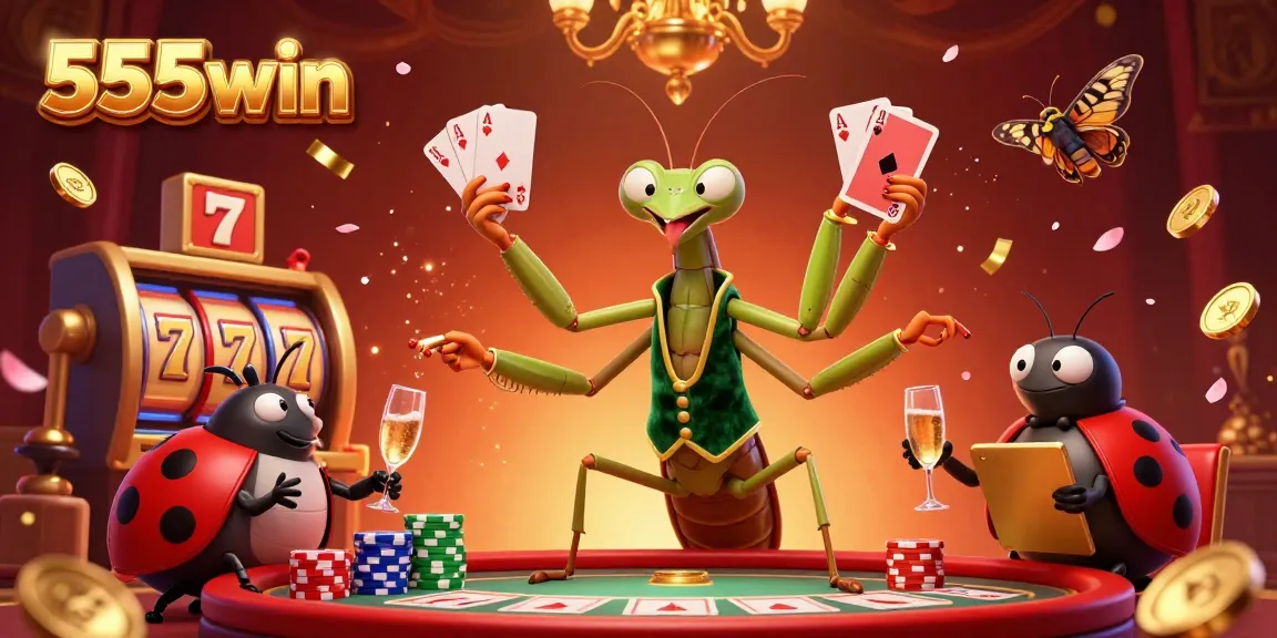Engage in thrilling gambling action with 555win as a giant mantis card sharp deals and pours champagne, creating an exciting casino atmosphere.