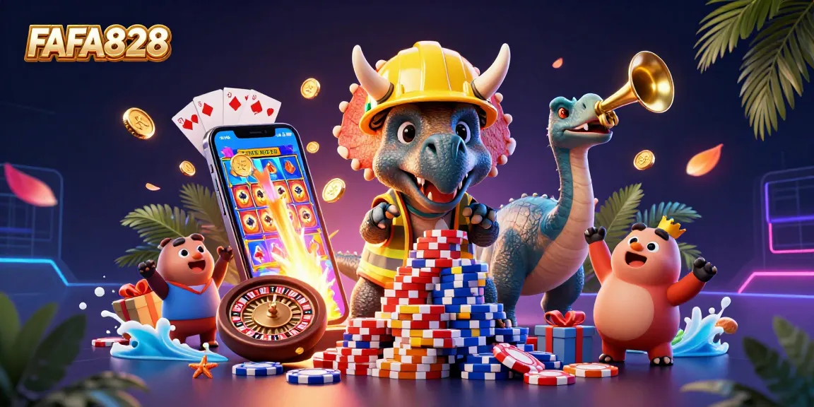 FAFA828 brings the casino to life with a triceratops and golden trumpet celebration in a vibrant 3D illustration.