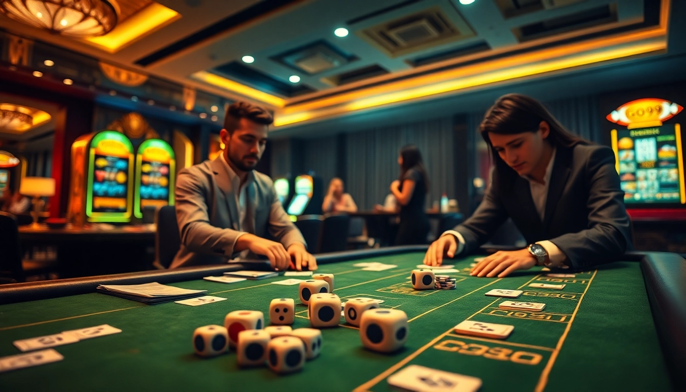 Go99 players engaging in high-stakes gambling at a vibrant casino table with cards and chips.