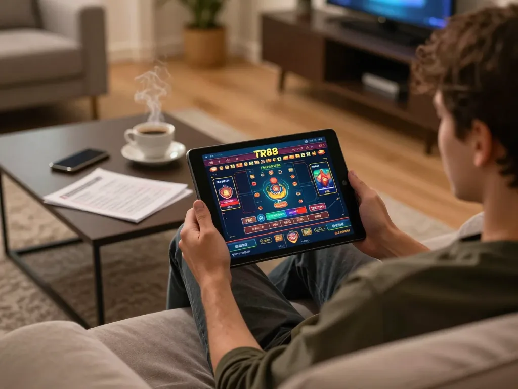 Engaging in TR88 online casino gameplay on tablet while sipping coffee at home