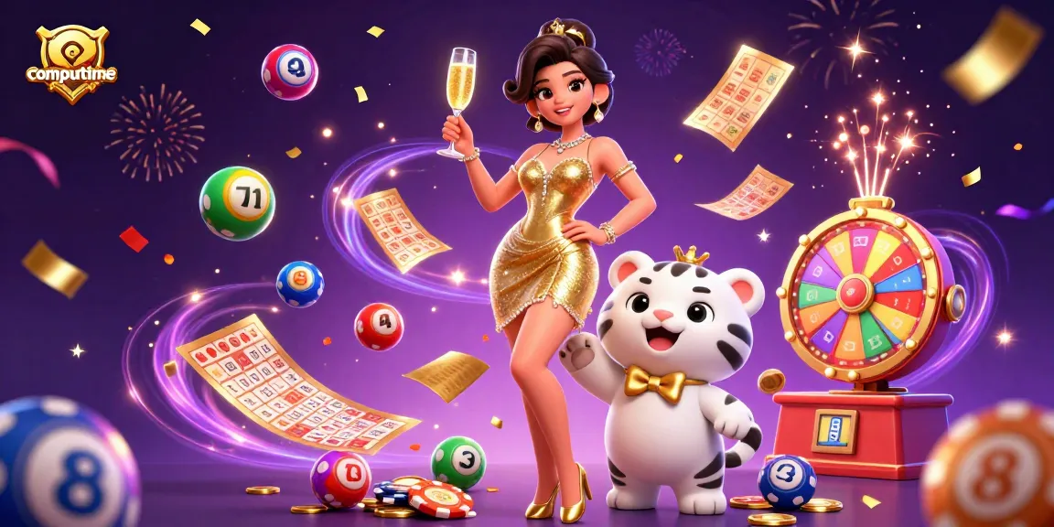 Get ready to win with computime's festive online gaming illustration showcasing vibrant lottery balls and riches.