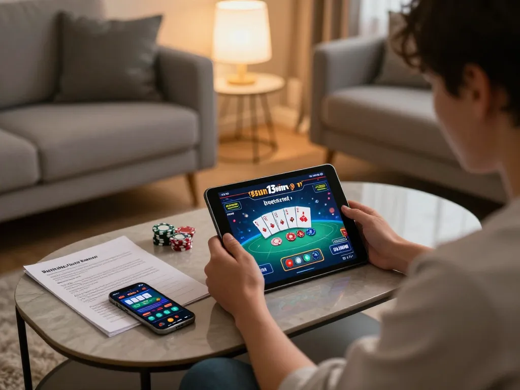 Players engaging with the 13win poker game on a tablet in a cozy home setting