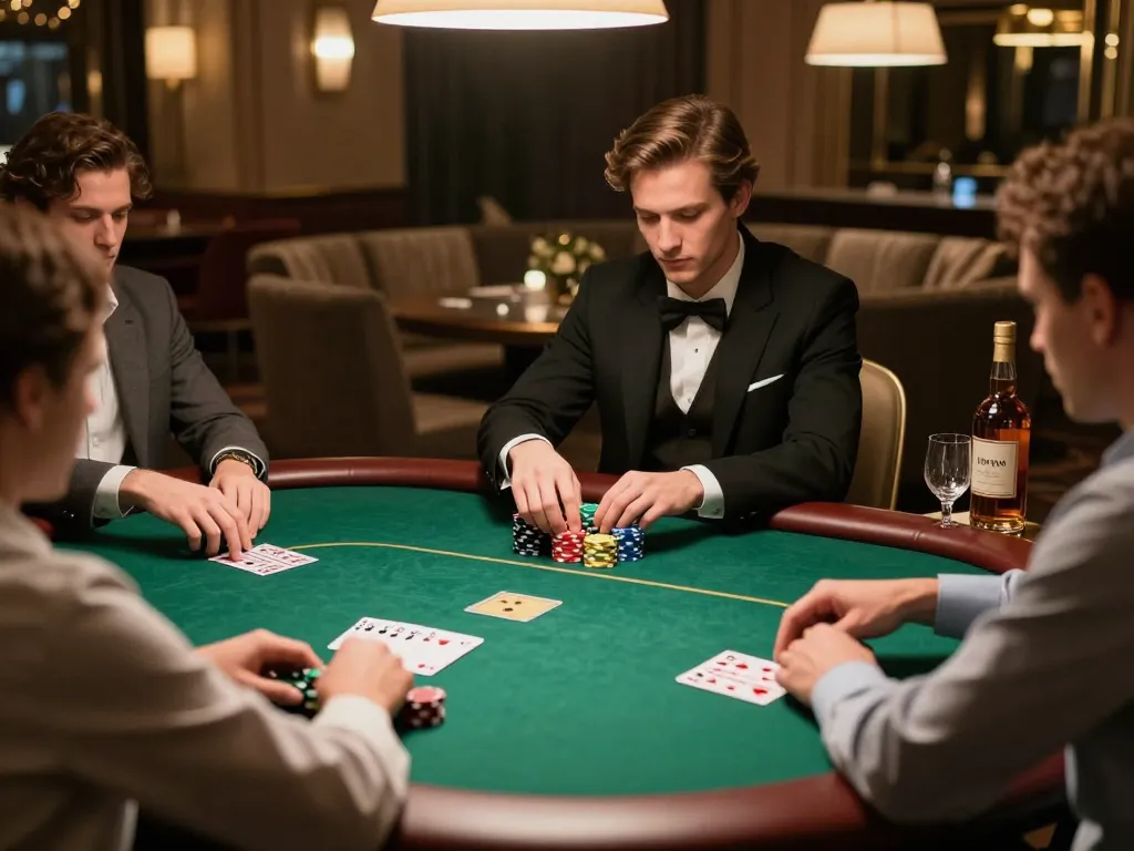 58win players strategizing during an upscale poker game, stacks of chips and cards in focus.