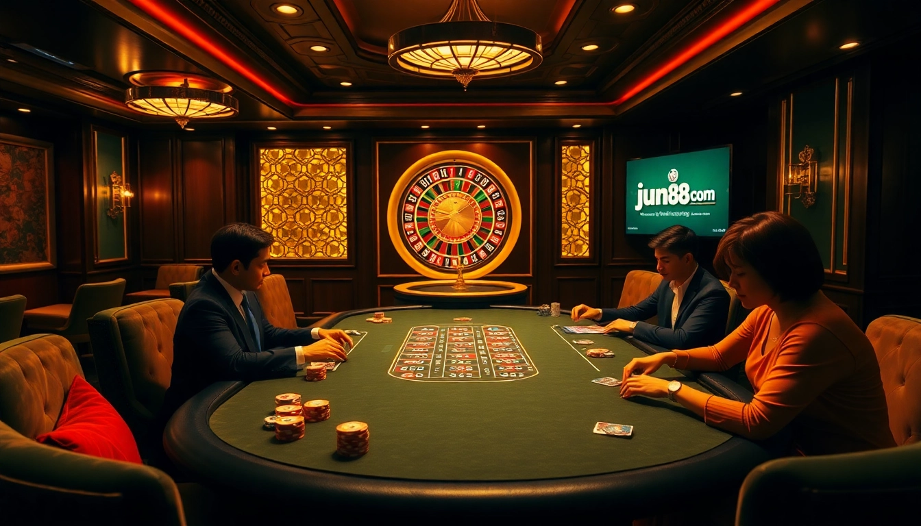 High-stakes poker table featuring intense gameplay at jun88 com casino, showcasing excitement and luxury.
