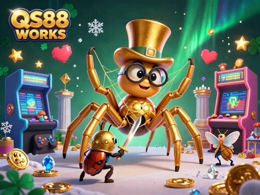 Engage with QS88 WORKS: a vibrant casino scene featuring a golden tarantula and beetle knight.