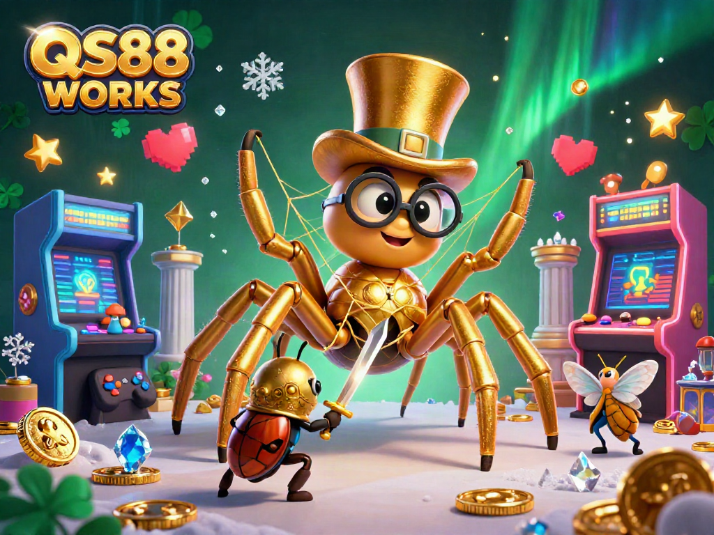 Engage with QS88 WORKS: a vibrant casino scene featuring a golden tarantula and beetle knight.