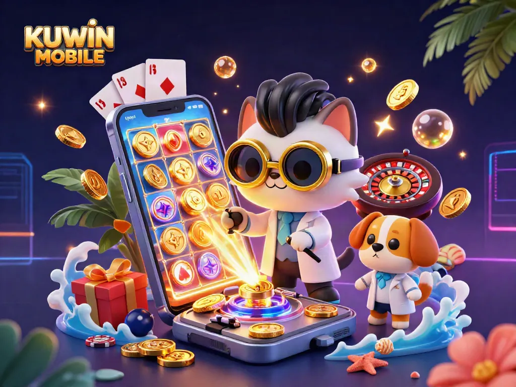 Experience the exciting world of KUWIN MOBILE as colorful slot games and golden coins burst forth.