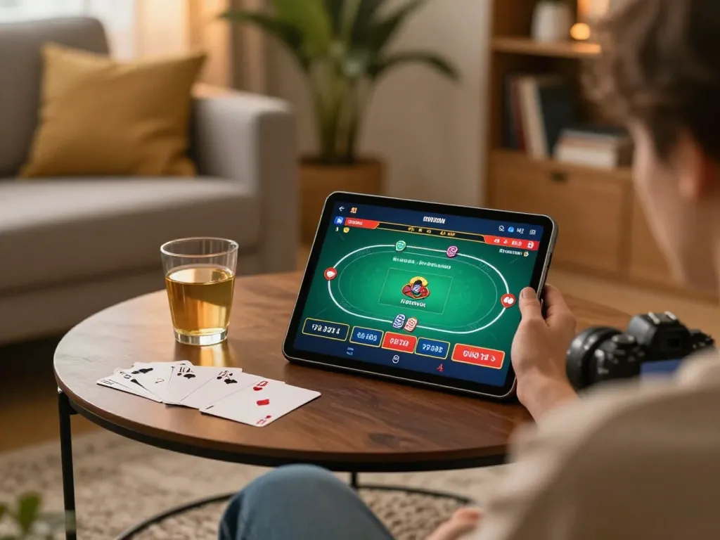 Engaged user playing online poker at home, highlighting 88vvgo gaming opportunities and strategies.