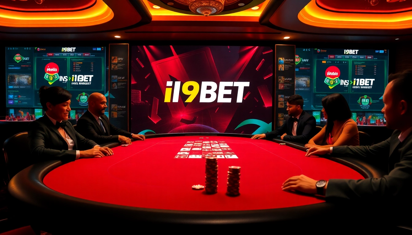 Players enjoying poker at an I9BET branded casino table, highlighting excitement and professionalism.