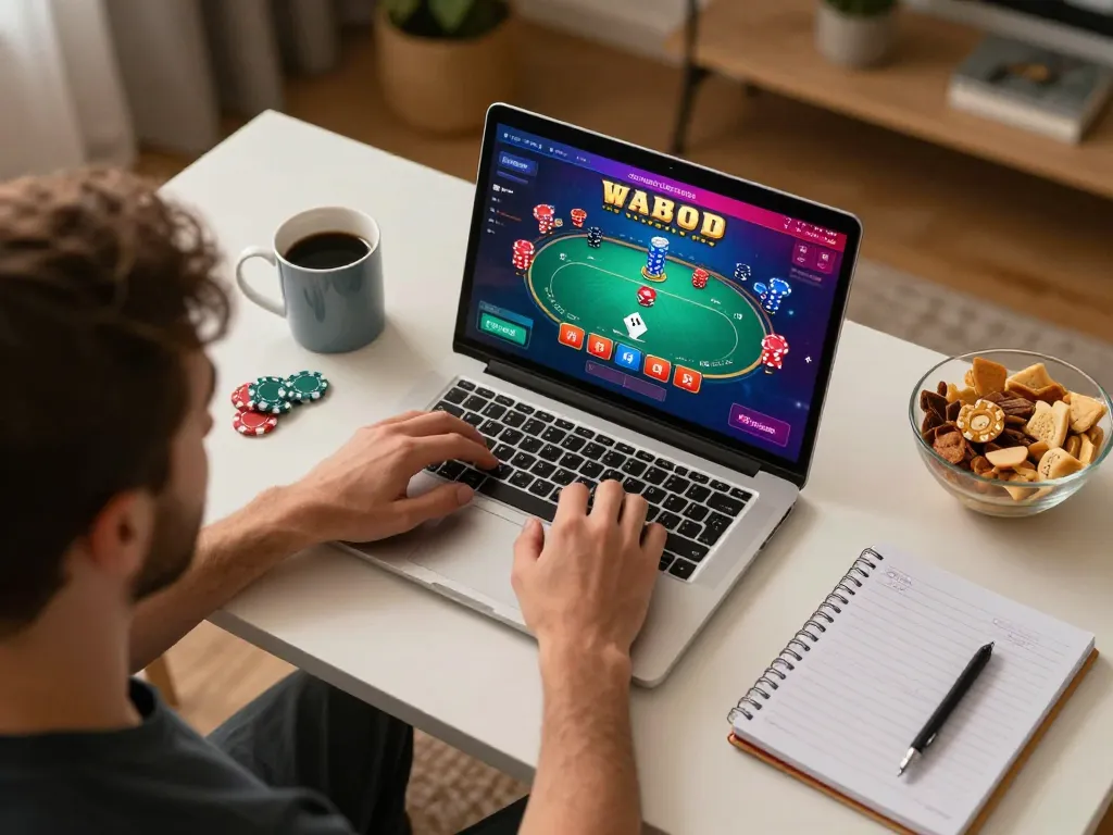 Player engages in online casino gaming at home with 88aa poker interface displayed on laptop.
