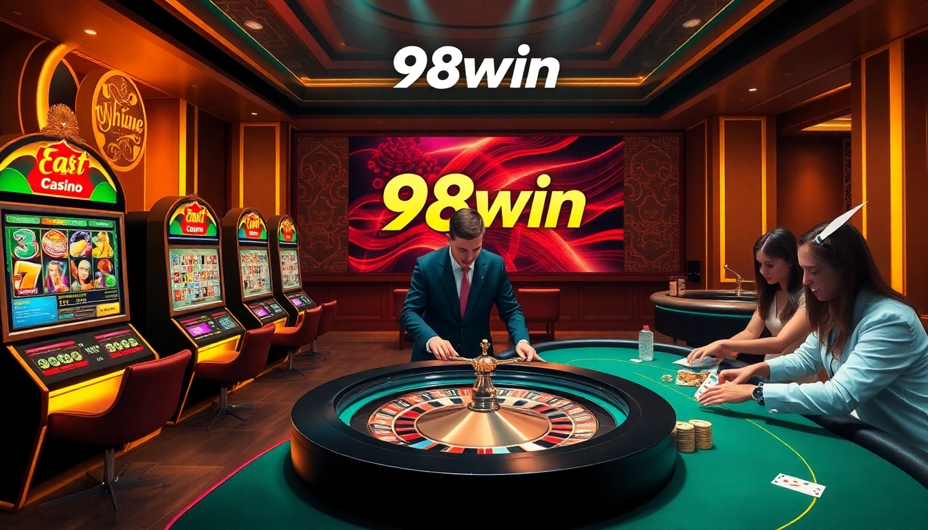 Players enjoying thrilling online games at 98win casino with vibrant slot machines and poker tables.