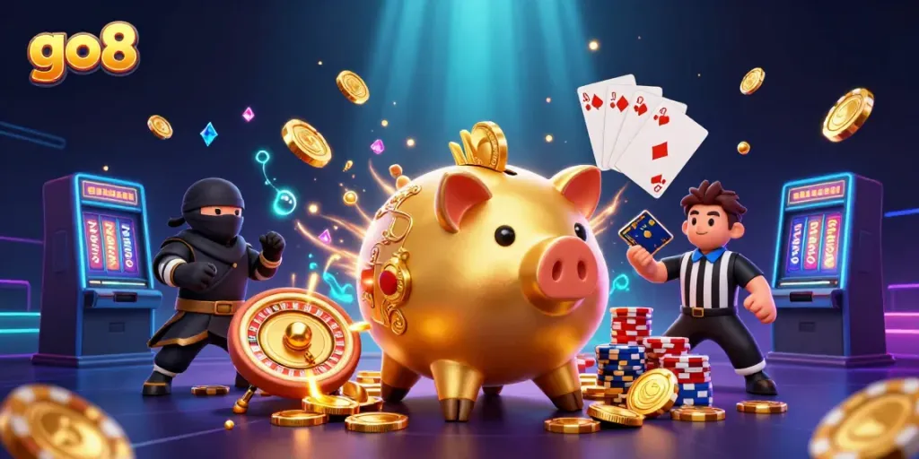 Experience thrilling wins with go8 as the golden piggy bank sumo wrestler shakes loose coins in this vibrant casino scene.