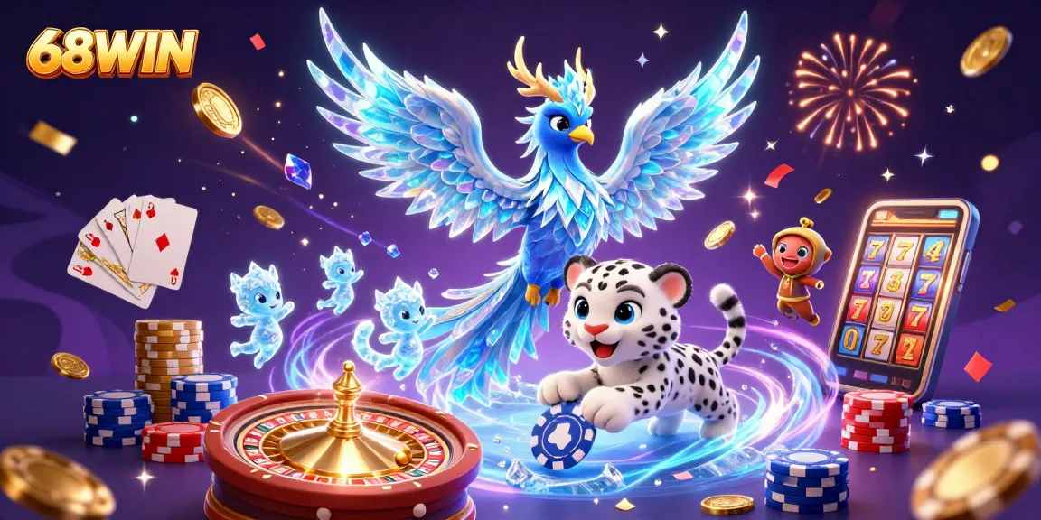 Play exciting games with 68WIN in a vibrant, colorful casino adventure featuring magical imagery.
