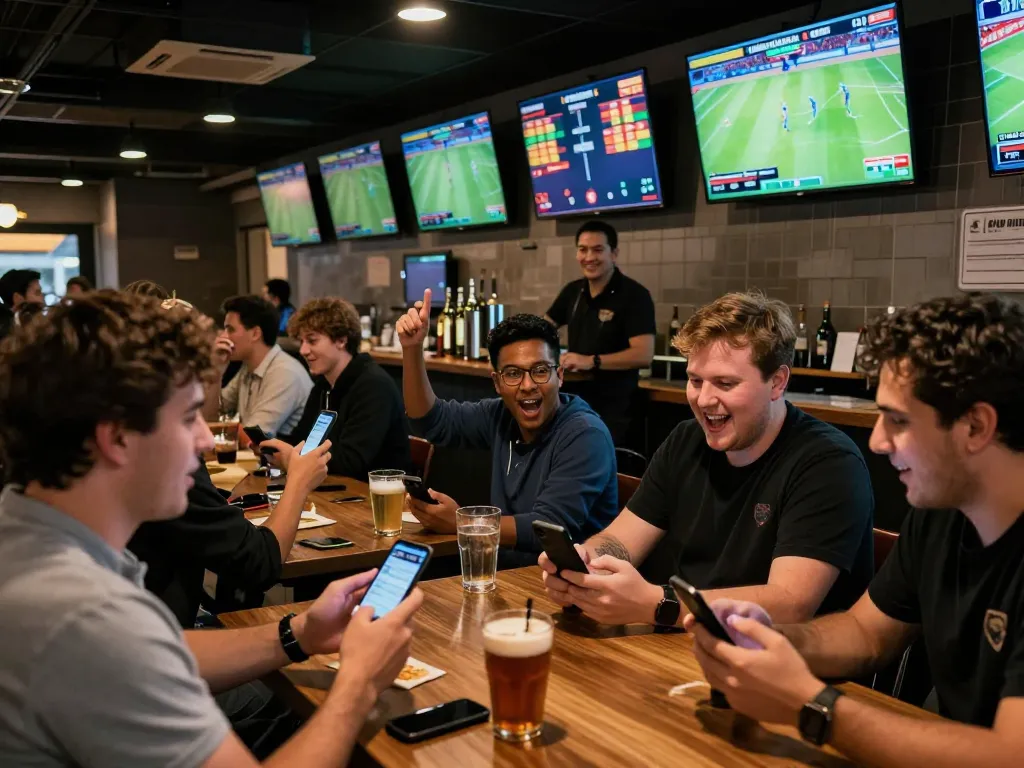 Patrons engaging in sports betting on dafabet at a lively bar, screens flickering with match highlights