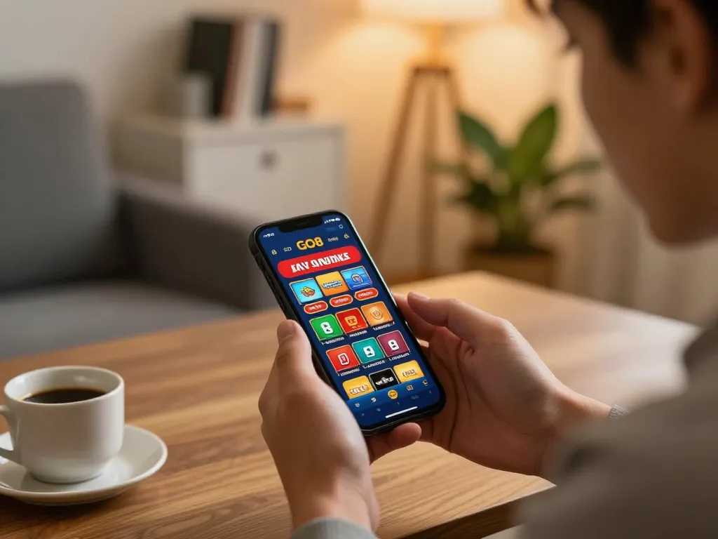 Player using the GO8 casino app on smartphone for strategic betting in a cozy setting.