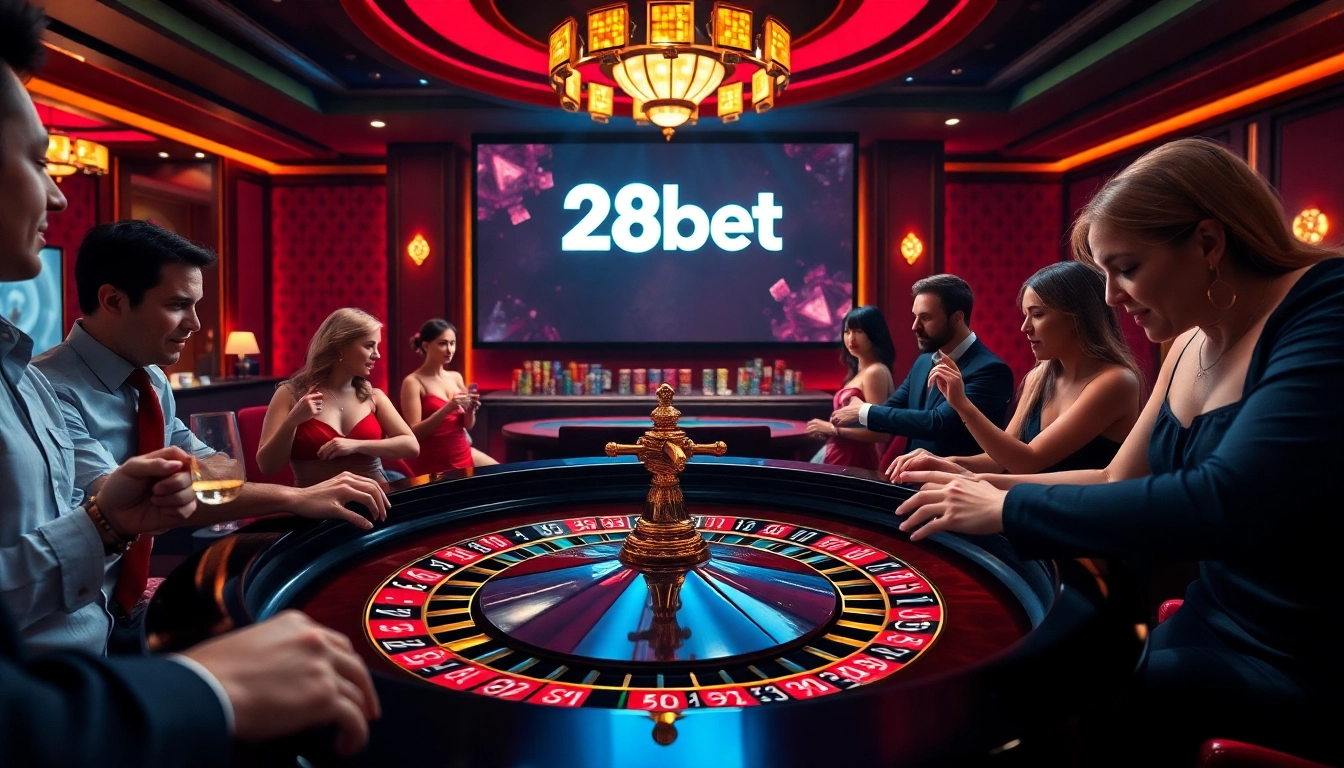 Players engaging at a roulette table in a luxurious casino environment while experiencing 28bet excitement.
