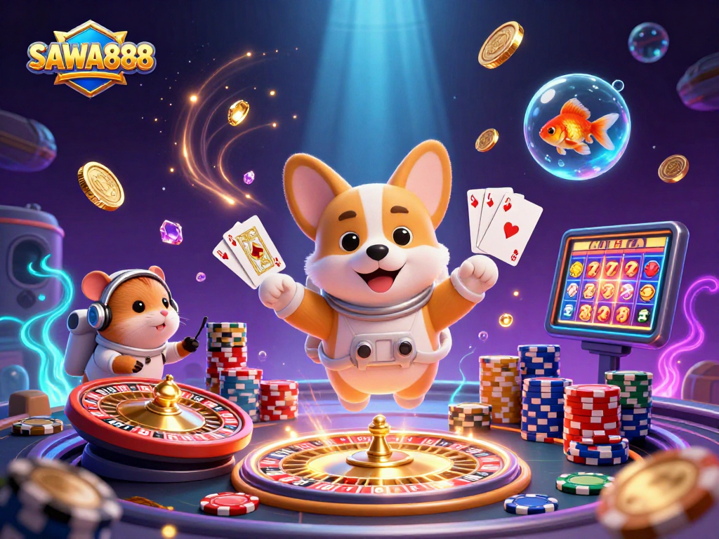 Engage in thrilling gaming at SAWA888 with vibrant 3D casino scene of exciting slot machines and poker.