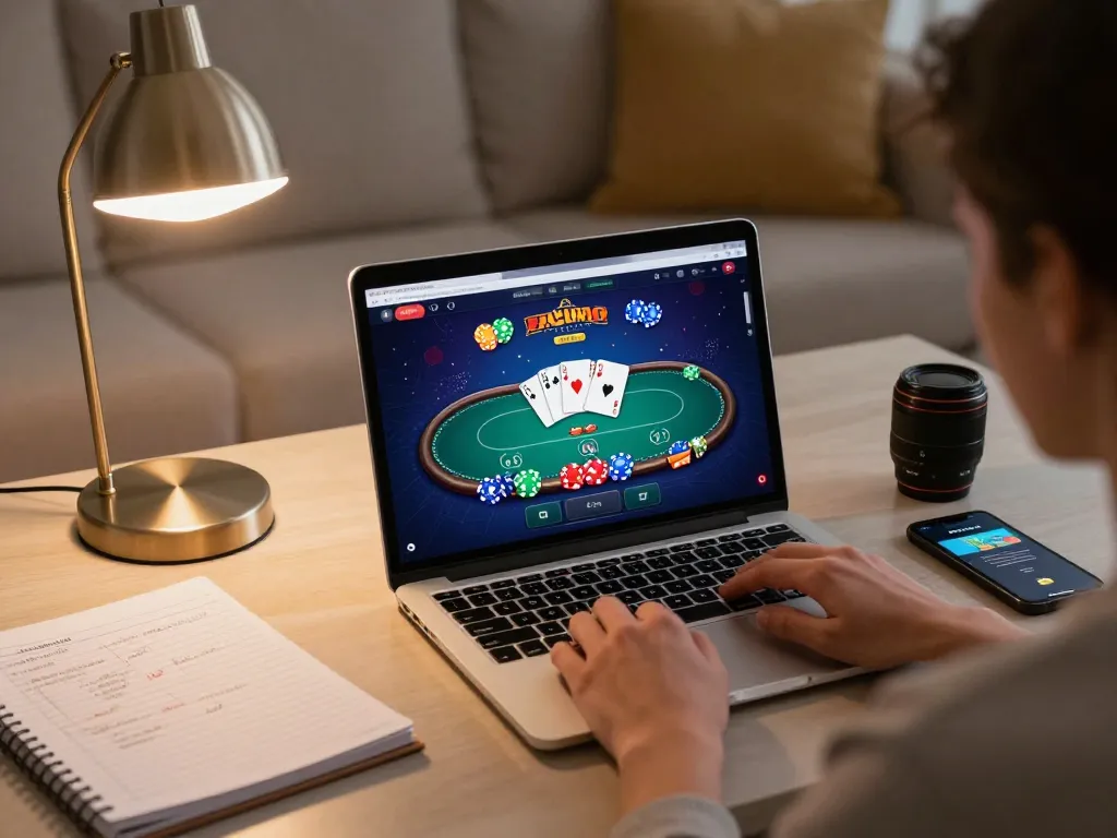 Engaging scene of a cozy home casino setup with go99 poker game on laptop, strategic notes around.