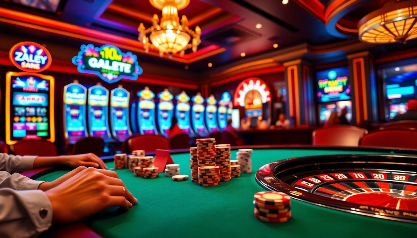 An exciting gambling scene featuring players at a poker table and vibrant slot machines at https://11win12.com/