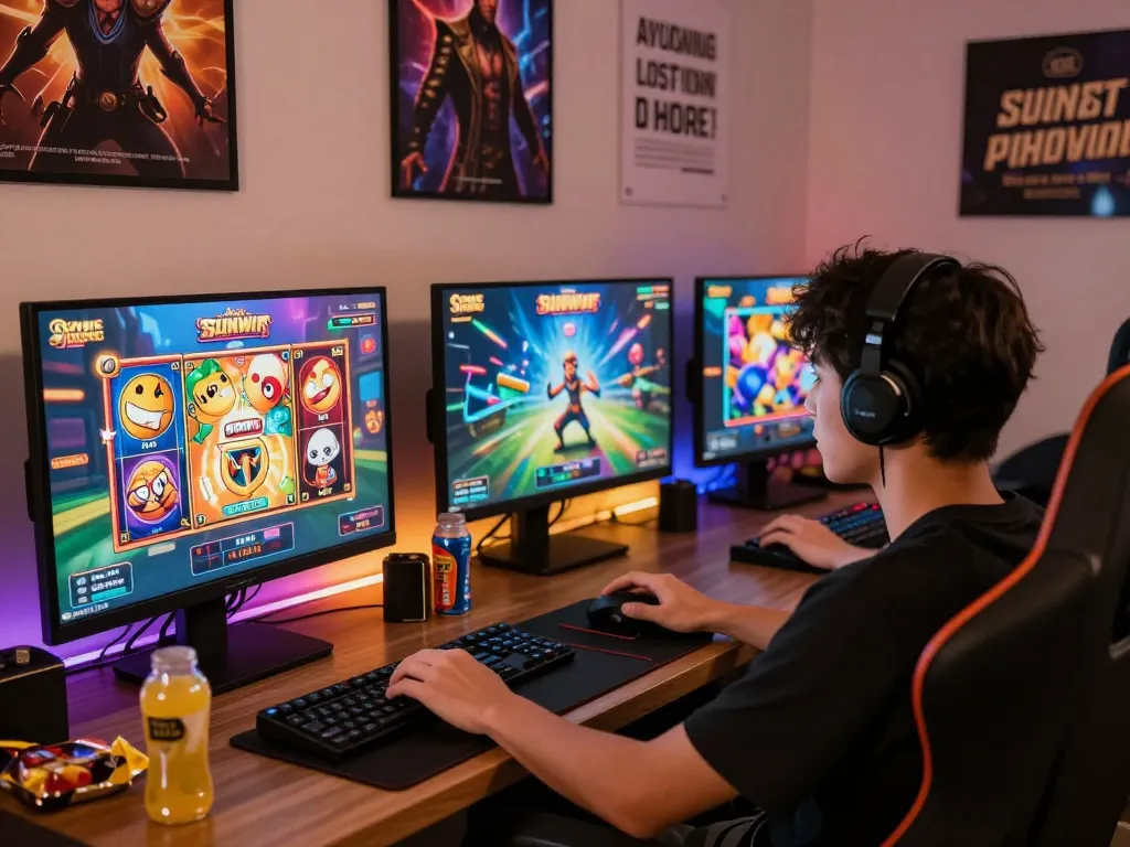 Engaging moment on Sun Win platform showcasing various games with vibrant graphics and a user enjoying the experience.