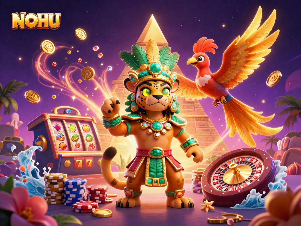 Experience thrilling wins at NOHU with a vibrant 3D scene featuring epic gaming elements and characters.