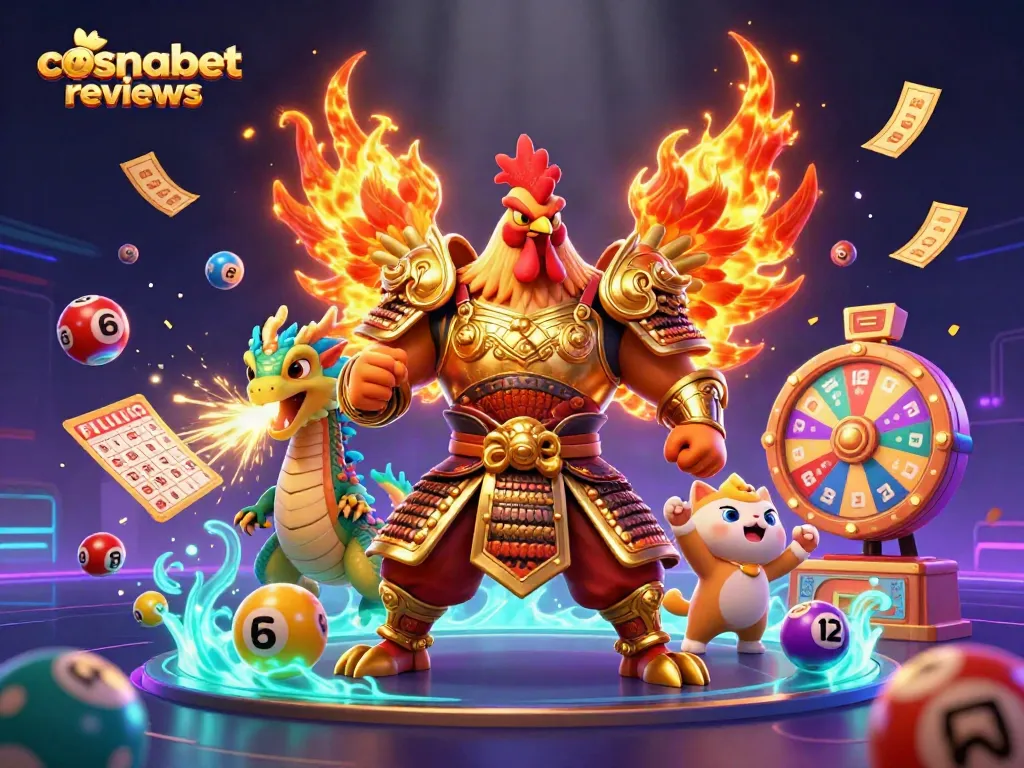 Experience thrilling cosmobet reviews with exciting characters and vibrant casino elements in a dynamic scene.