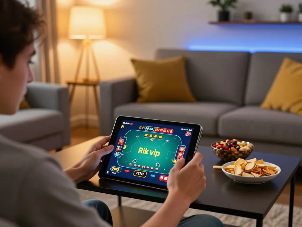 Engaging user exploring rik vip games on tablet in cozy home setting with dynamic poker interface.