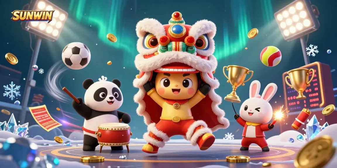 SUNWIN enhances gaming excitement with a vibrant cartoon illustration featuring a lion dance and dynamic sports elements.