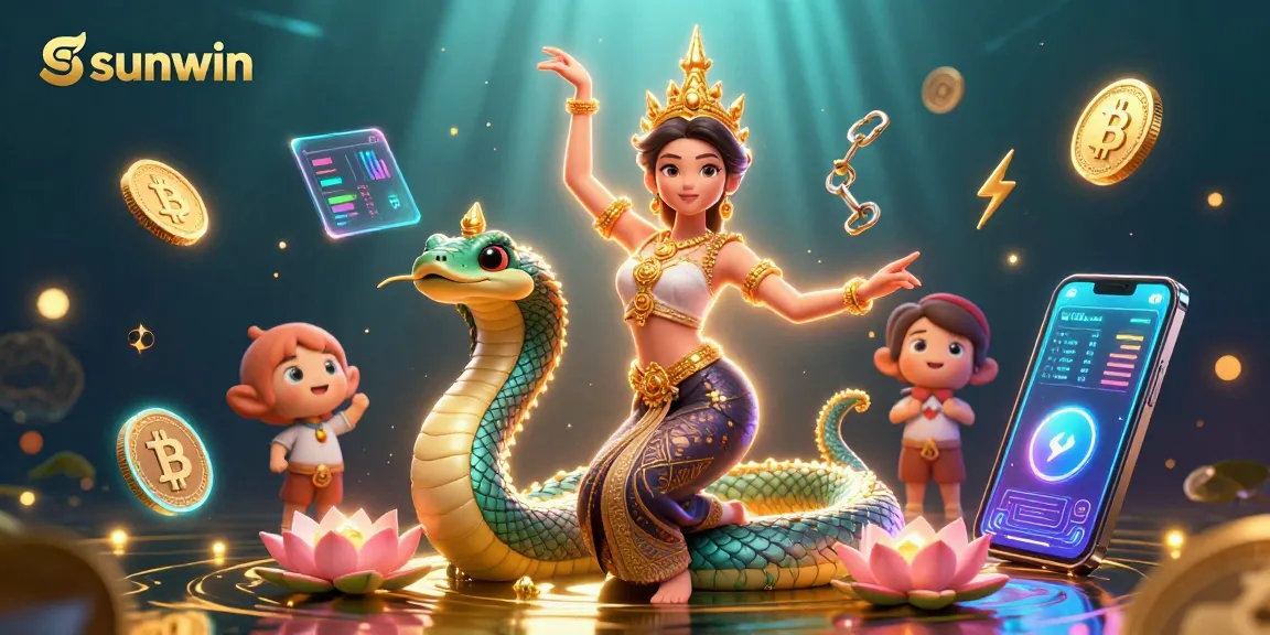 Experience the vibrant energy of sunwin with a dynamic 3D scene featuring an Asian woman in traditional attire, crypto elements, and immersive gambling themes.
