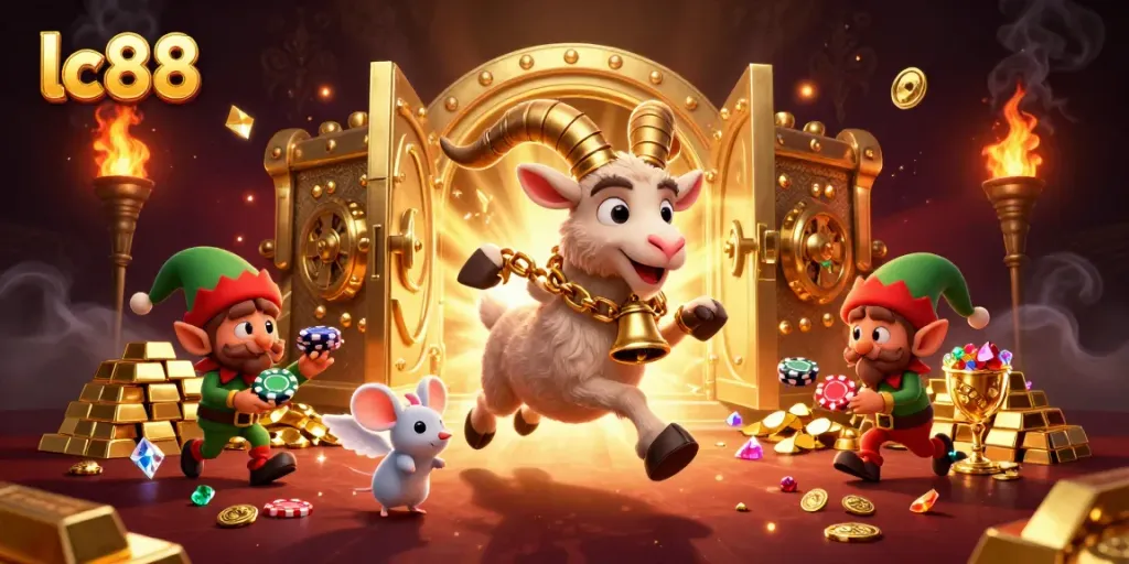 Experience lc88 thrilling casino action with Krampus, gremlins, and treasure in a vibrant illustration.