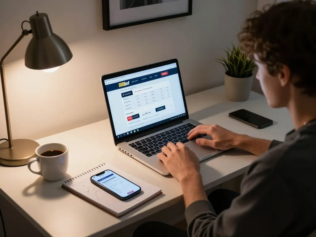 Person engaging with the 188bet platform on a stylish desk, showcasing online gambling at home