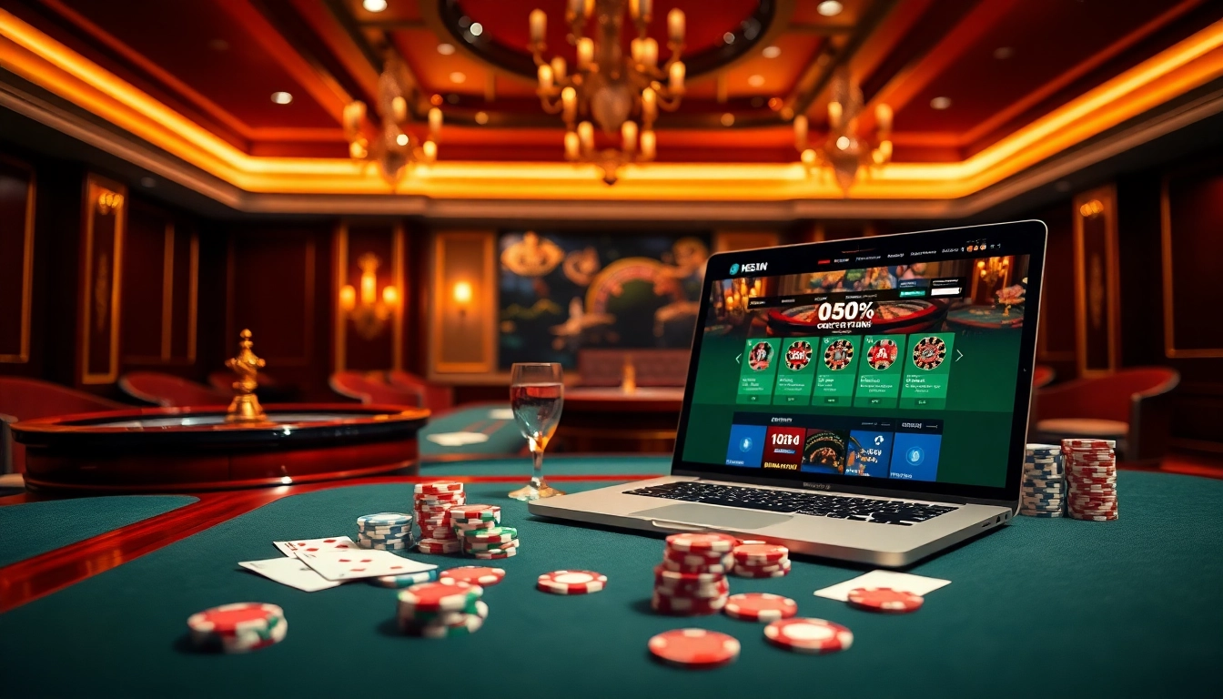 An exciting casino gaming scene showing vibrant poker chips and a laptop displaying nha cai uy tin, enhancing the gambling experience.