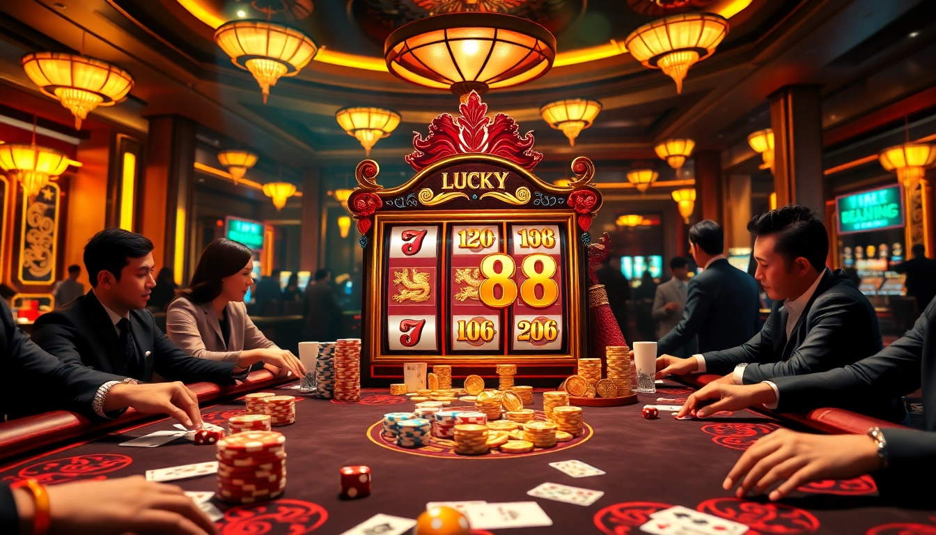 Experience the thrill of LUCKY88 with players enjoying casino gaming at a luxurious table.