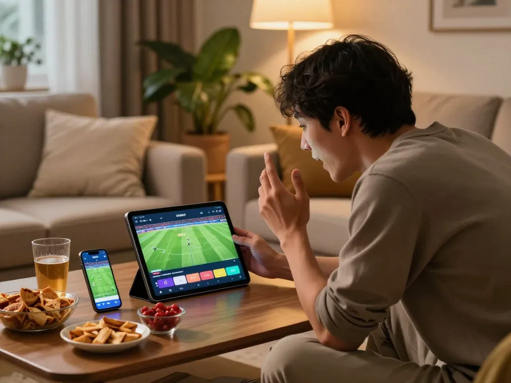 Xoilac TV live football streaming interface on tablet during an engaging home gaming session.