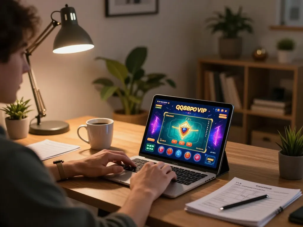 Engaging in online gaming with QQ88pro Vip in a cozy home office setting.
