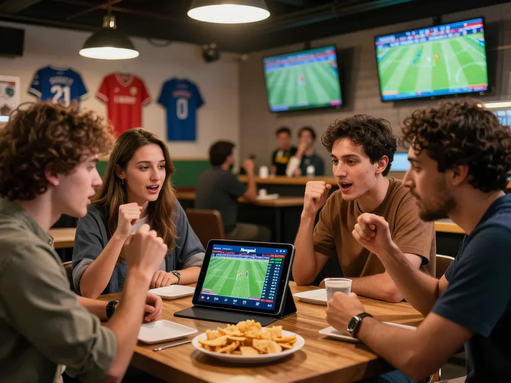 Exciting sports betting at Nowgoal with diverse fans discussing live football scores and odds in a vibrant bar setting.