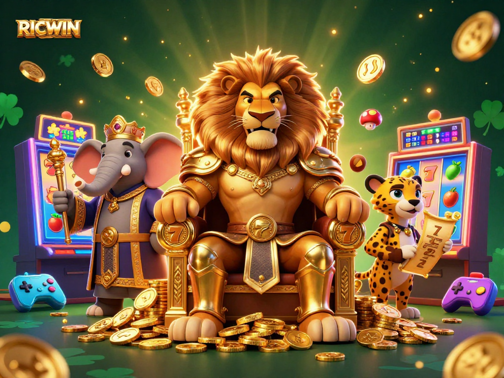 Experience winning with RICWIN in a vibrant 3D casino scene packed with slots and characters.