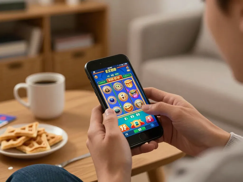 Engaging in EE88 app gameplay on smartphone in a cozy home setting with warm ambiance