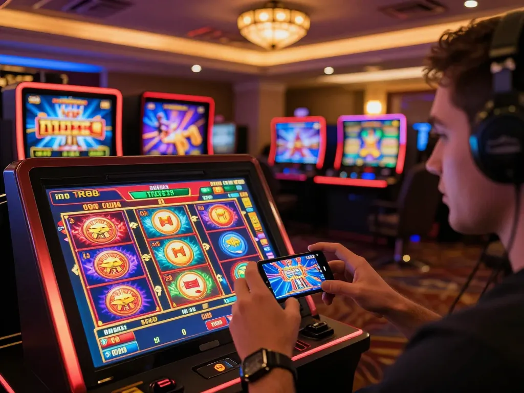 Player engaging with TR88 online casino app on smartphone, showcasing vibrant graphics and gaming excitement.