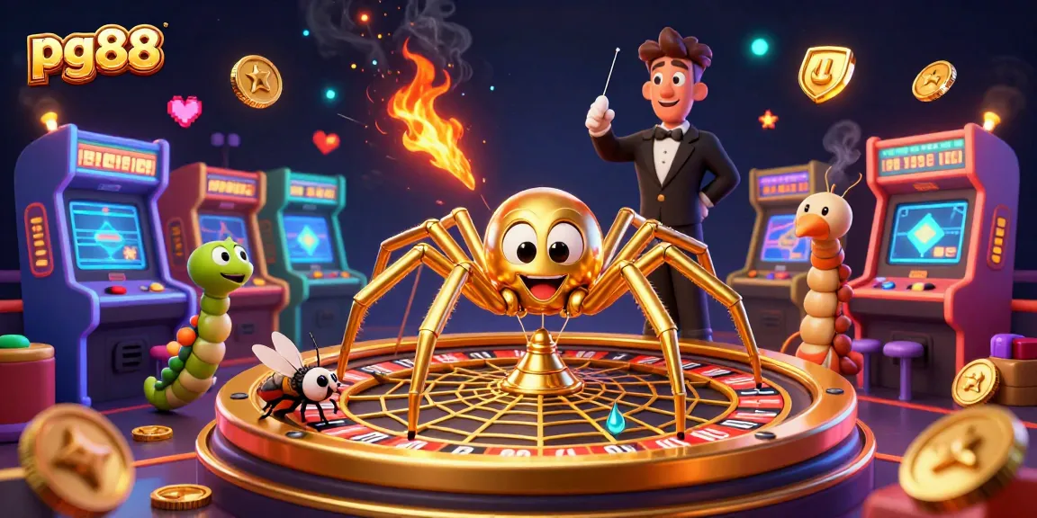 Experience thrilling wagers at pg88 with a golden spider roulette wheel and vibrant gaming elements.